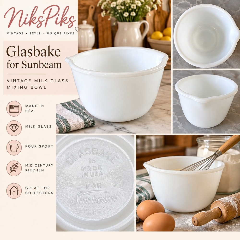 Vintage Glasbake for Sunbeam White Milk Glass Mixing Bowl Pour Spout USA